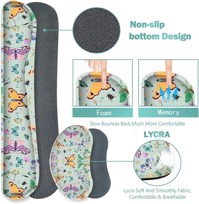 Desk Mat Set, Aquamarine Extended Gaming Mouse Pad with Wrist Rest Support +Keyboard Wrist Rest +Coaster, Large Cute Butterfly Mousepad for Office, Home