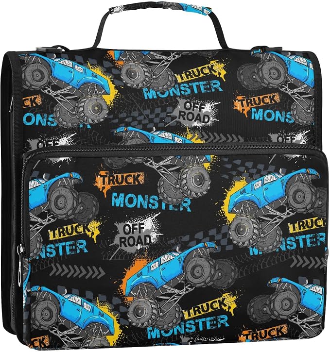 Monster Truck Print Zipper Binder Bag 3 Ring with Shoulder Strap & Handle Multi Pocket Binder Organizer Bag Large Capacity for School Office Supplies