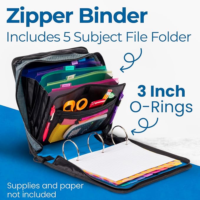 Case-it School Zipper Binder | 3" O-Rings | 600-Sheet | D-146 Denim Blue | Mighty Zip Tab, 5-Color Tab Expanding File Folder, Shoulder Strap, Handle, Office