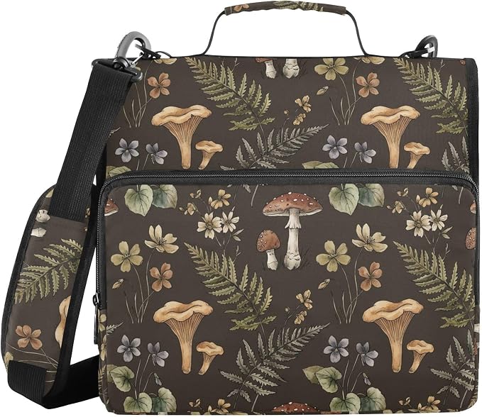 Mushrooms Flowers Brown Print Zipper Binder Bag 3 Ring with Shoulder Strap & Handle Multi Pocket Binder Organizer Bag Large Capacity for School Office Supplies