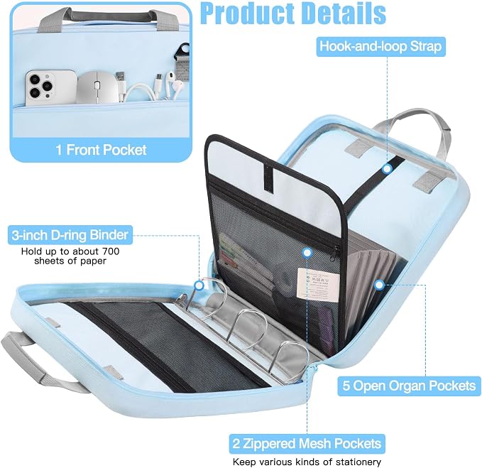 MoKo Zipper Binder, 3 Inch 3 D Ring, 5 Tab File Folders, 700 Sheets, Blue | Water-repellent 900D Oxford fabric with 5 folders, 2 mesh pocket, reinforced handle and adjustable shoulder strap.