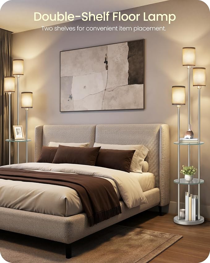 70.9" Floor Lamp with Shelves, for Living Room, 3-Tier Tall Lamp | Modern Shelf Floor Lamp with Foot Switch, 3-Light Standing Lamp, for Bedroom, Study, Office, Silver and Gray HSN53LD05