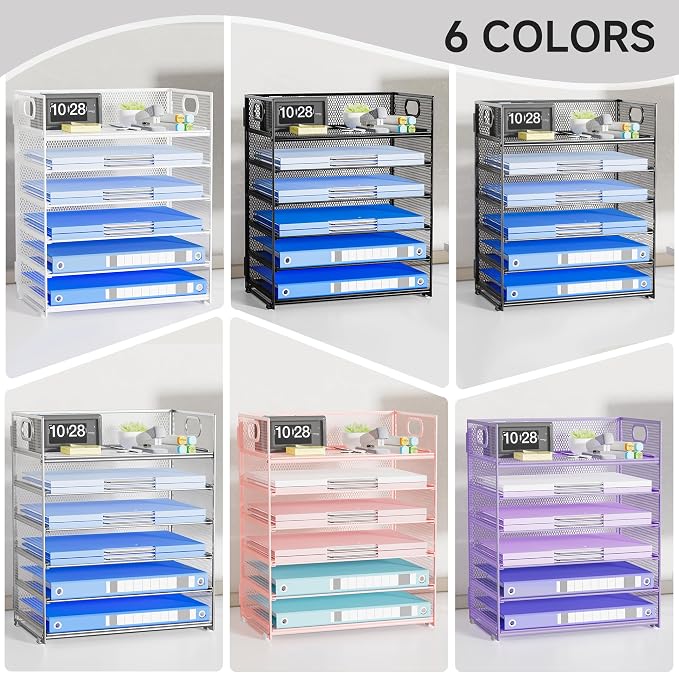Paper Organizer for Desk with Handle, 6-Tier | Metal Mesh File Organizer, Stackable Letter Tray for Office Documents & Stationery Storage