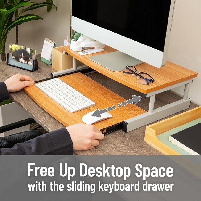 Mind Reader Monitor Stand, Sliding Keyboard Drawer, Laptop, Riser, Office, Wood/Metal, 20"L x 14.75"W x 5.9"H, Brown, Silver