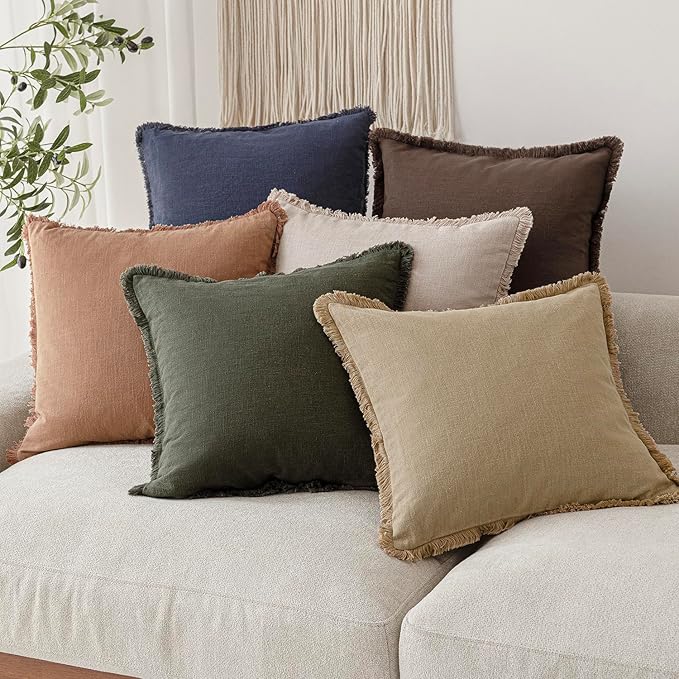Foindtower Set of 2 Decorative Linen Fringe Throw Pillow Covers Farmhouse Cushion Cover with Tassels Soft Accent Pillowcase for Couch Chair Sofa Bed Living Room Home Decor,16×16 Inch,Light Khaki Taupe