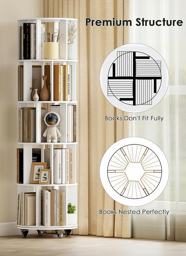 5 Tier 360° Rotating Bookshelf with Larger Capacity, Adjustable Small Space Bookcase on Wheels, Revolving Round Bookshelves, Tall Storage Book Shelf Tower for Bedroom Office Kids Room (White)
