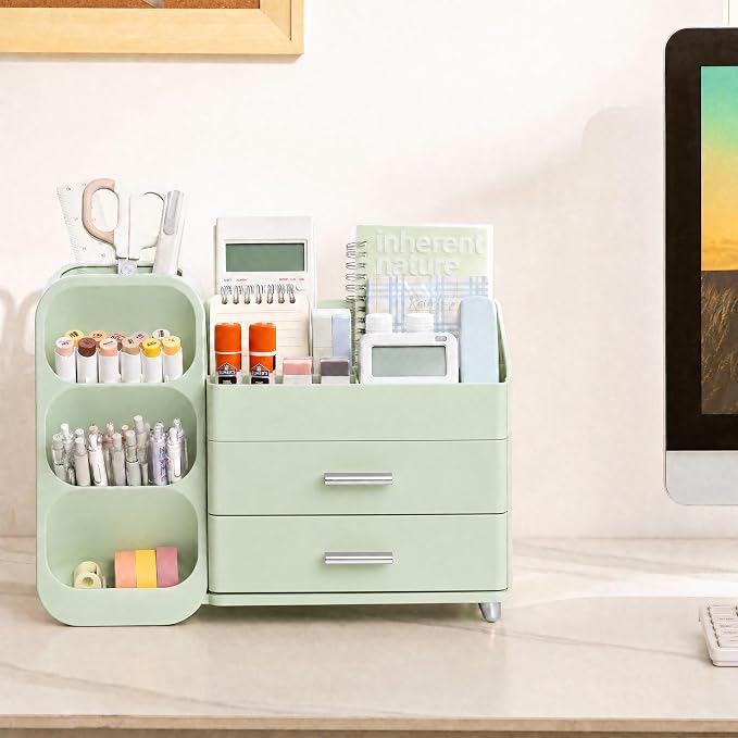 HBlife Desk Organizer with Pen Pencil Holder for Desk, Pen Organizer with 2 Drawers, Desk Organizers and Accessories with 4 Compartments, Desktop Storage for Office Home School Art Supplies, All Green