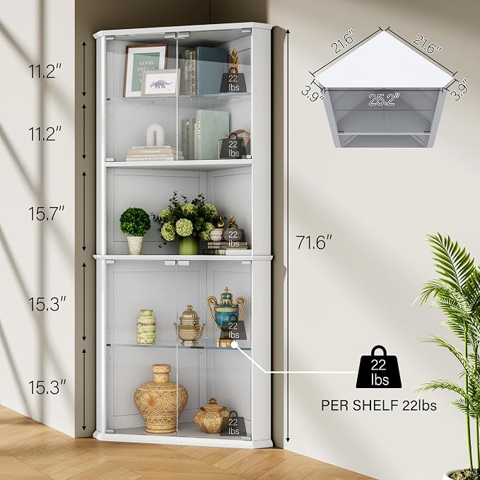 kepptory 72" Corner Curio Cabinet with RGB LED Lights, 6-Tier Glass Display Cabinet with Adjustable Shelves, Lighted Corner Showcase for Collectibles, China, Glassware, Living Room Home Bar