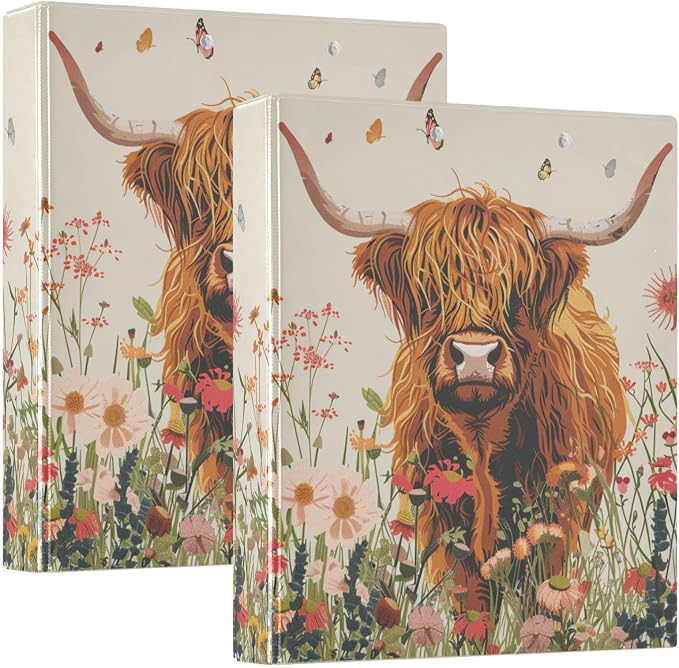 JIPONI 3 Ring Binder Cute Highland Cow 1 Inch Round Binders for Men Women Students, Cute File Organizer for Office School, 2 pcs