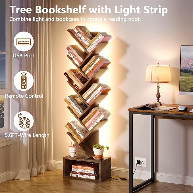 Hoctieon 9 Tier Tree Bookshelf, Tall Bookcase, Freestanding Book Shelf with LED Lights, Display Floor Standing Storage Shelf, Book Organizer Shelves for Home Office, Living Room, Rustic Brown