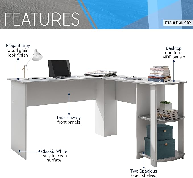 Techni Mobili L Shaped Desk - Modern Computer Desk with Corner Bookshelf & Side Storage Shelves for Home Office Accessories - Elegant, Space-Saving, & Minimalist Executive Table | 51.5 Inch modern L‑shaped desk with storage shelves, sturdy frame, versa...