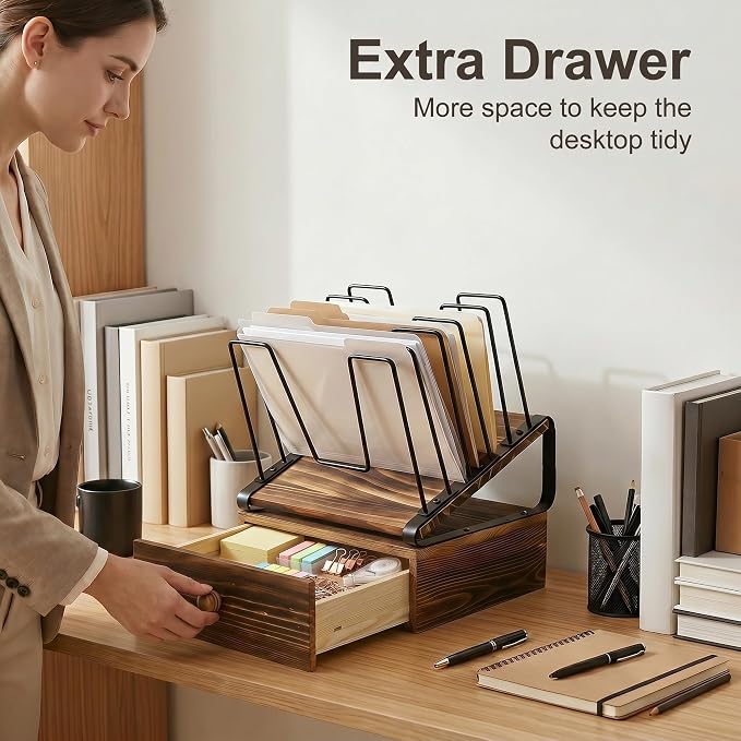 5-Section Wooden Inclined Desktop File Organizer with Storage Drawer | Metal Inclined Desk File Holder,Multifunctional Folder Organizer for Office Home School Classroom Workspace