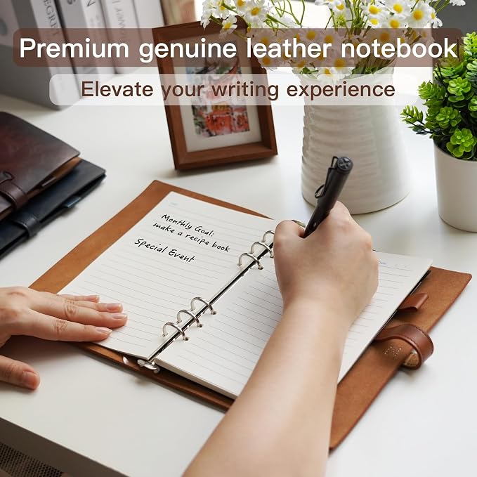 Refillable A5 Leather Binder Notebook, Reusable Leather Journal, Vintage Organizer with 6-Ring Binder, 120 Pages Lined Paper & Pocket, for Writers Business Work Study College and Daily, Light Brown