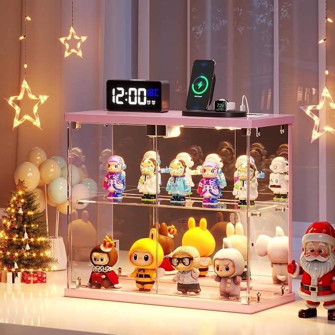 Dystler Glass Display Case with LED Lights, Small 2-Tier for Figures | Lighted Display Cabinet with Motion Sensor, Clear Tempered Glass Door, USB-C Charging Hub for Collectibles, Rocks, Tabletop