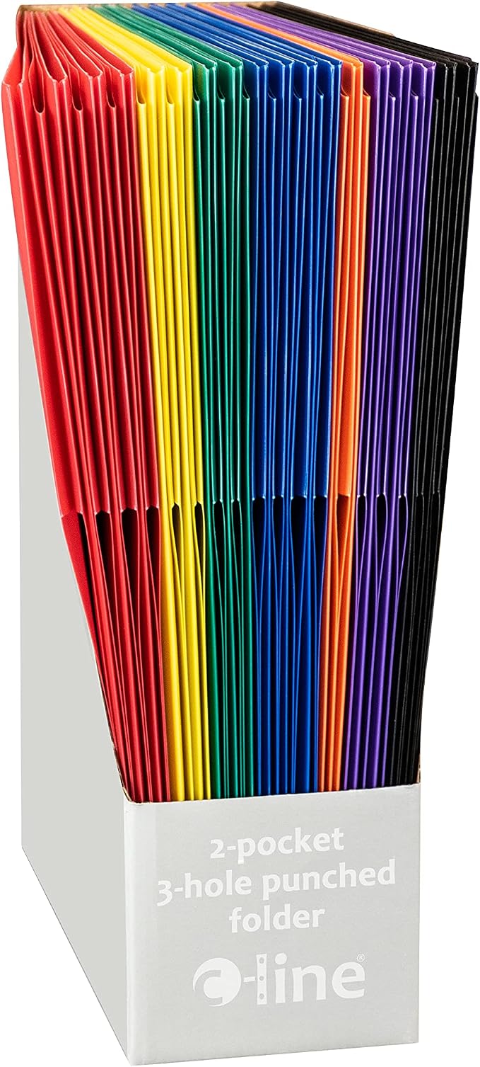 C-Line Two-Pocket Heavyweight Poly Portfolio with 3-Hole Punch, Assorted Colors, Box of 36 (33930-36)
