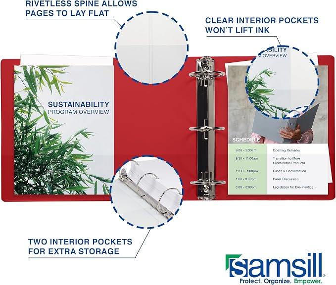 Samsill 1 Inch 3 Ring Binders,Made in USA,Economy Round Ring,Clear View Cover,200 Sheet Capacity - for School,Home,Office - Red,(Pack of 24)