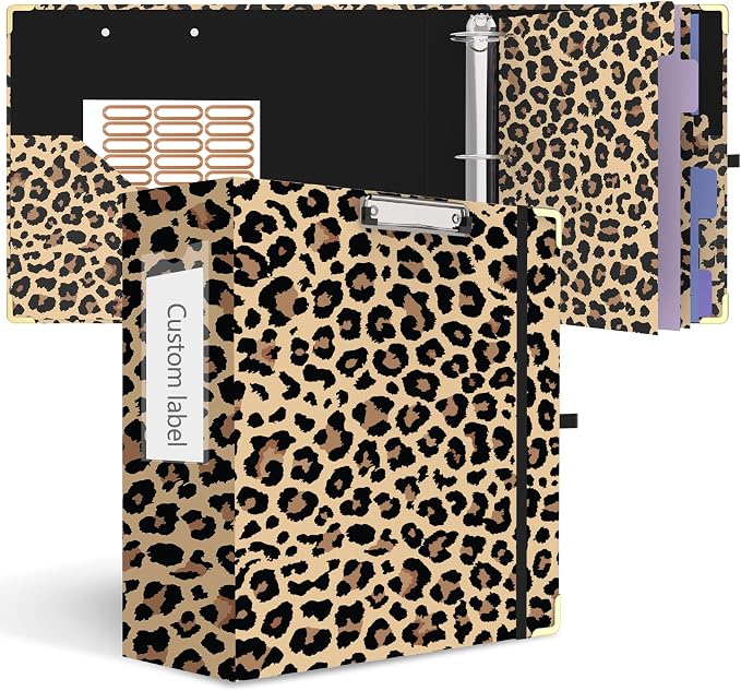3 Ring Binder 3 Inch Ring, Three Ring Binders for Letter Size 11" x 8.5" with 6-Tab Dividers, 2 Pockets, Binder with Clip for School and Office Supplies-Cheetah Spots