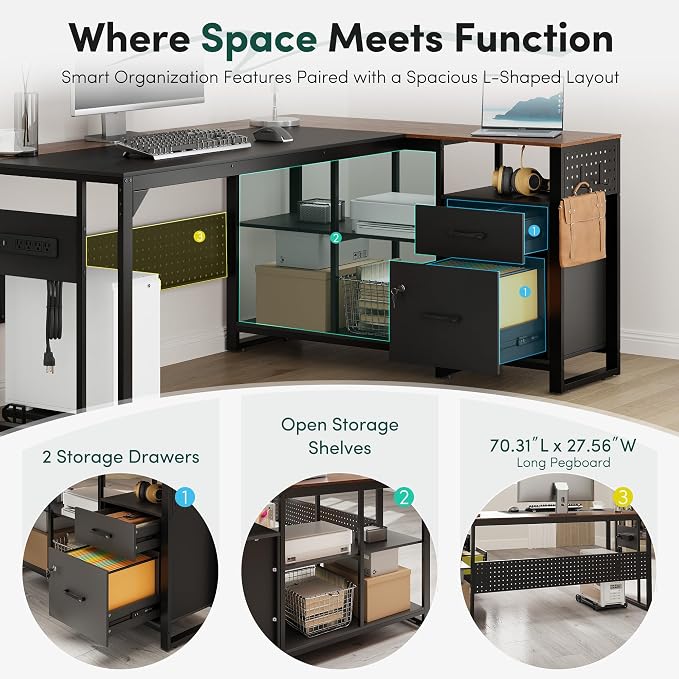 MALOL 70.3" Reversible L-Shaped Office Desk with Power Outlet Computer Desk | Large Executive Desk with Locked File Drawers & Storage Shelves, Pegboard, Mobile CPU Stand, Modern Corner Desk, Walnut