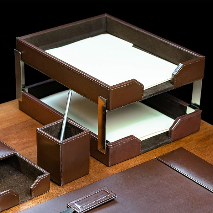 Dacasso Dark Brown Bonded Leather Double Letter Trays