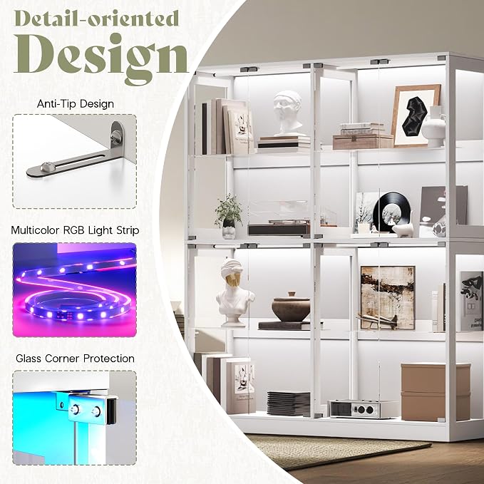 AMERLIFE 60-Inch RGB Display Cabinet with Glass Shelves | 70 H x 60 W x 16 D In, 4-Tier Storage, RGB LED Lights, Press-to-Open Doors, for Collectibles, White