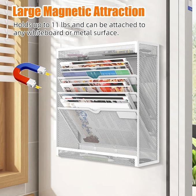 5 Tier Magnetic File Holder, No Drilling Wall File Organizer, Magazine Paper Mail Document Holder/Magnetic Hanging File Organizer for File Cabinets,Whiteboard refrigerator,Office,Classroom (White)