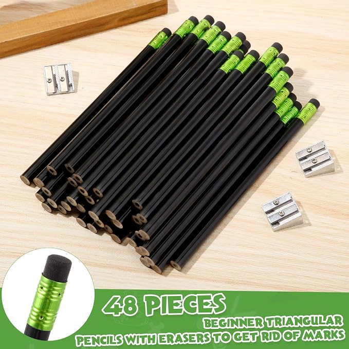 Fainne 48 Pcs Large Pencils 3 Sharpeners,Black,Round