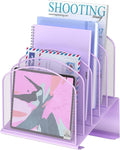 Delifox Inclined Desk File Organizer,Vertical File Folder Holder Stand Metal Rack File Sorter for Office Classroom Desktop Organization (1, Purple, 5)
