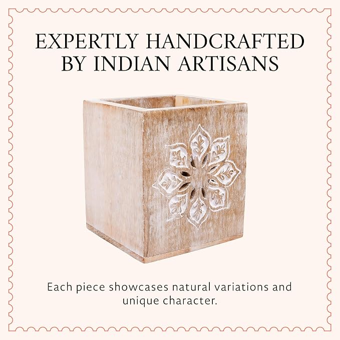 Serena Mango Wood Pen Holder - Whitewash, 4x3.5 in | Cute wooden pencil cup layout curated specifically to provide quick home desk organization and rustic office decor styling.