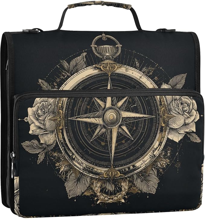 ALAZA Roses and Nautical Compasses Zipper Binder 1.5 inch 3 Ring Binder Organizer with Shoulder Strap and Handle for Home Office Work