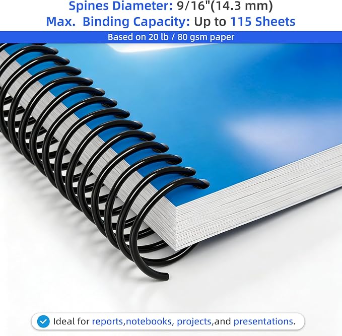 Rayson 9/16" Plastic Spiral Binding Coil, 115 Sheets Capacity, 4:1 Pitch 14.3mm Black Coil Binding Spines for Business and Educational Purposes, Pack of 100