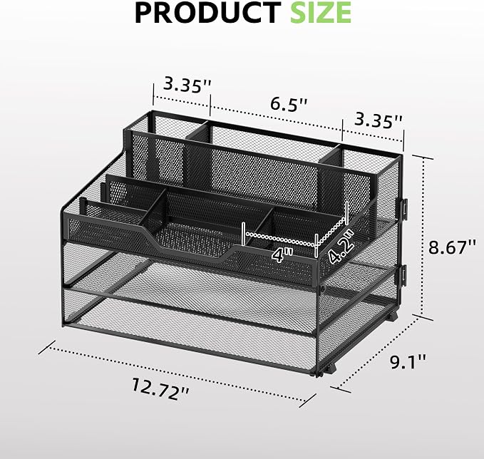 3 Tier Desk Organizer, Mesh Letter Tray Paper Organizer with 5 Adjustable Storage Compartments & Pen Holder, Metal Desk Accessories for Home Office School, Black
