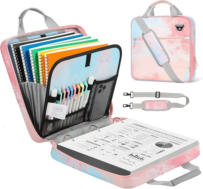 MoKo Zipper Binder, 2 inch 3 Ring Binder with 500 Sheet Capacity Multi-Pocket School Bag with Padded Shoulder Strap Handle, School Supplies Organizer for Middle Student, Orange Pink | Water-repellent 900D Oxford fabric with 5 file folders, 3 mesh pocke...