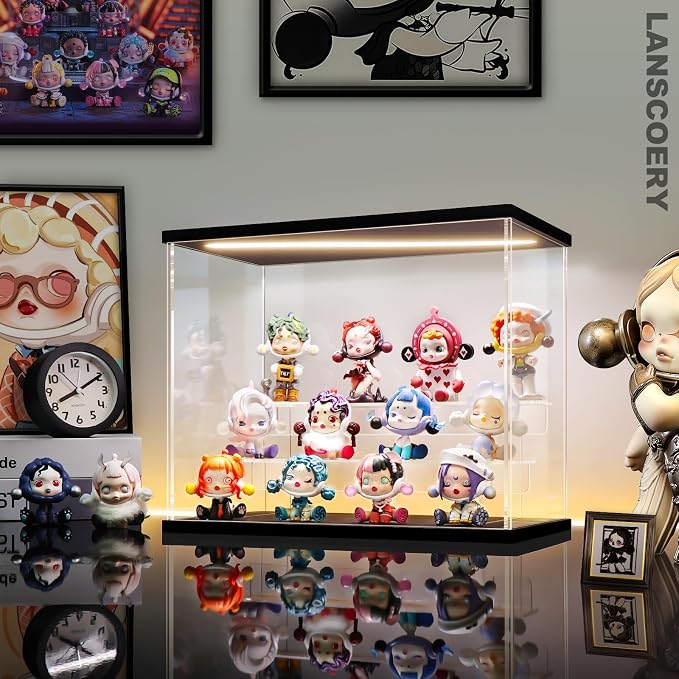 LANSCOERY Acrylic Display Case for Collectibles, 3-Tier LED Light, Black | 3mm clear acrylic panels with front door access and tri-color top light for small figures on a desk or shelf.