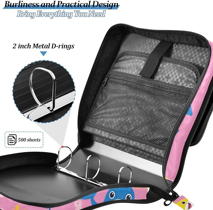 3 Ring Zipper Binder with Shoulder Strap Shark Cartoon Pink 2 Inch Zippered Binder Bag 500 Sheet Capacity Multi Pockets for School Supplies