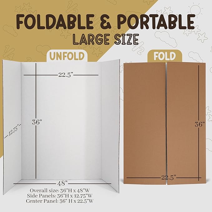 White Trifold Presentation Board 36" x 48" (Pack of 2) Self-Adhesive Science Subtitles Included - Display Exhibition Board Lightweight and Portable with Smooth Surface - By Emraw
