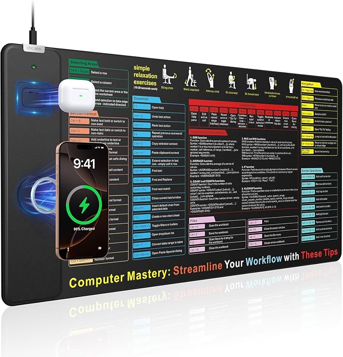 Excel Cheat Sheet Mouse Pad with Magnetic Wireless Charging, 31.5 x 15.8 in | Extended Excel Shortcuts Desk Writing Pad, Waterproof Ultra-Smooth Keyboard Mat, Non-Slip Base