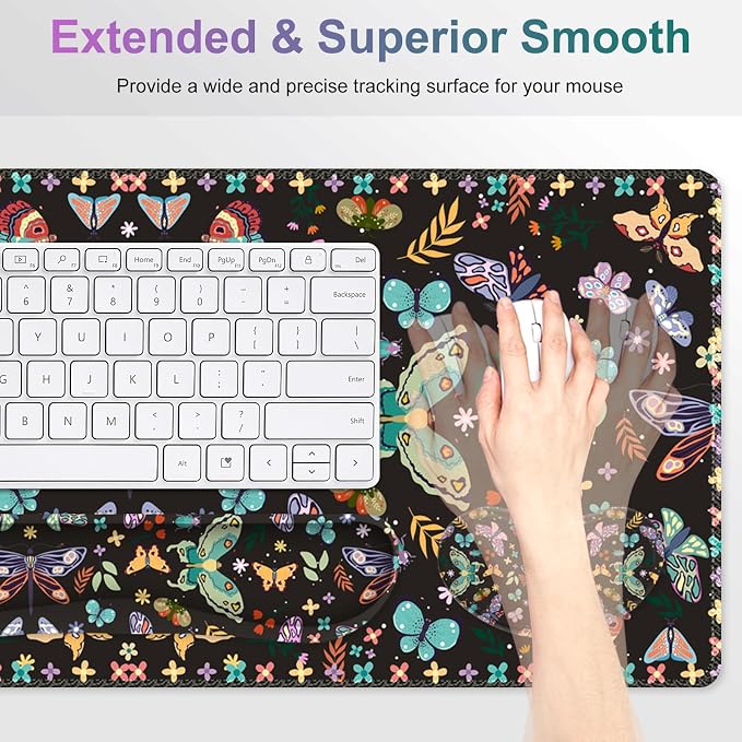 Desk Mat Pad, Gaming Mouse Pad Wrist Support Set, 4 in1 Non-Slip XXL Large Mousepad + Ergonomic Keyboard Wrist Rest+Mouse Wrist Rest+Coaster for Home Office Computer I Colorful Butterfly