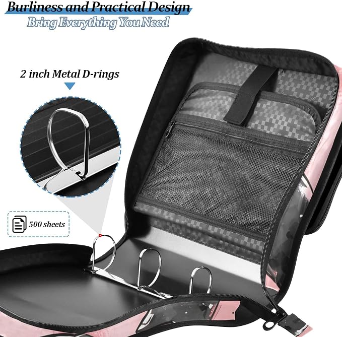 3 Ring Zipper Binder with Shoulder Strap Black Bow Heart Pink 2 Inch Zippered Binder Bag 500 Sheet Capacity Multi Pockets for School Supplies