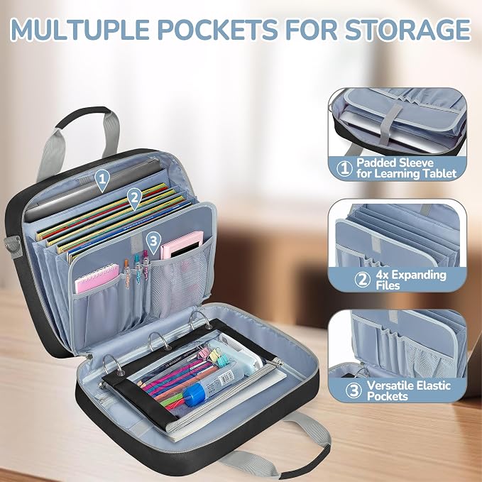 YARWO 2026 Upgraded Zipper Binder 3 Ring Binder Bag with Pencil Pouch | 500 Sheets Capacity, 5-Tab Expanding File Folder, 14” Laptop Padded Sleeve, Shoulder Strap, for College, Office, Home, Black