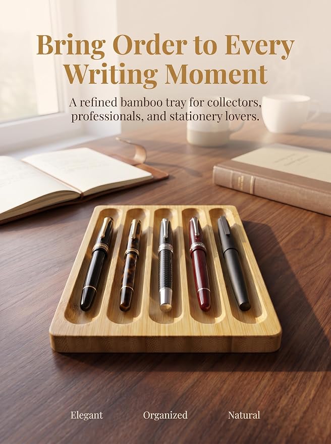 Natural Bamboo 5-Slot Fountain Pen Storage Tray, Anti-Roll Wooden Pen Organizer, Minimalist Zen Desk Pen Holder for Pen Collectors, Office & Study Desktop Stationery Display Tray