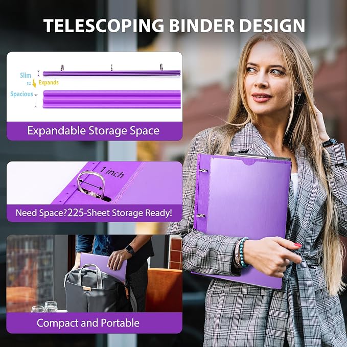 WOT I 1 Inch Telescoping 3 Ring Binder 12 Pack, Expandable Flexible Binder with Customizable Front Cover & Clear Catalog Pocket,Holds 8.5"x11" Paper, Assorted Colors, School Office Supplies