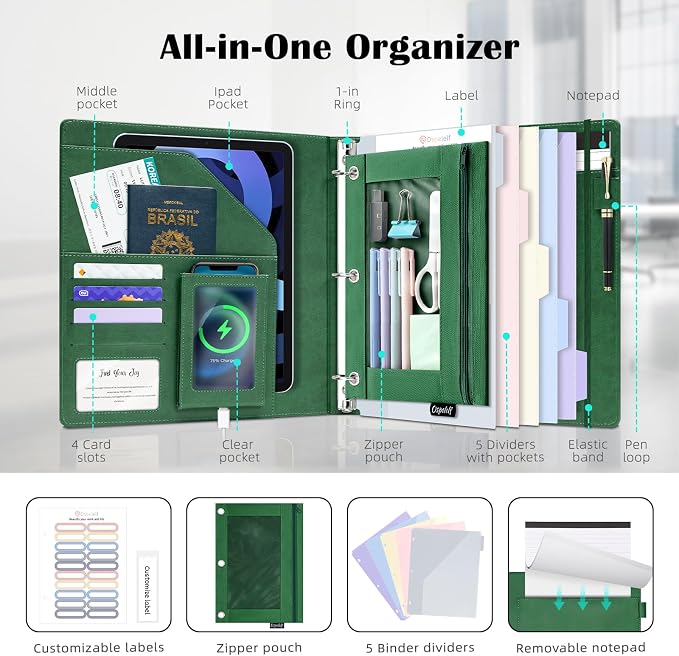 Ospelelf Green Leather 3 Ring Binder 1 Inch Round Ring, Magnetic Clipboard Folio with Storage Zipper Pouch, 5 Dividers with 10 Pockets, Professional Binder for School Office Nursing