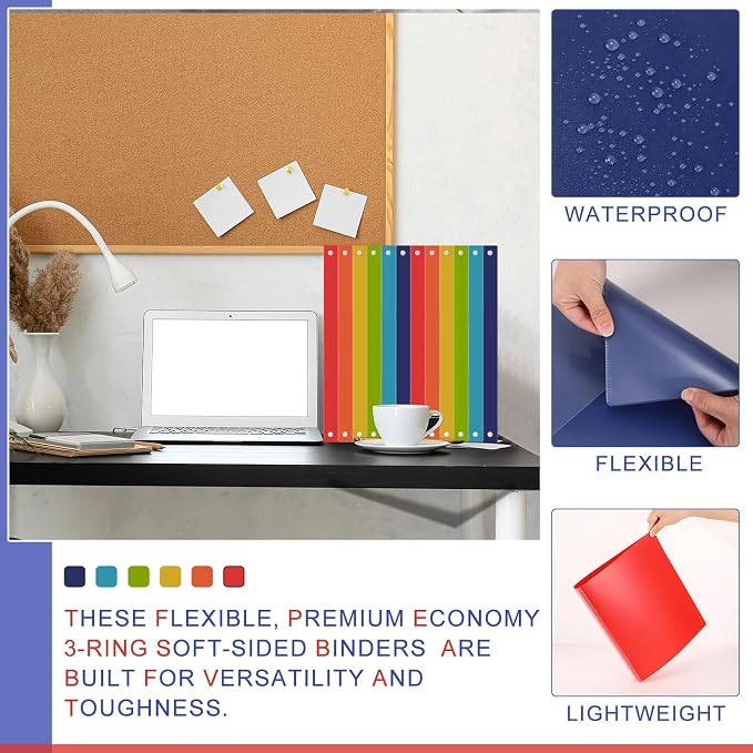 Fulmoon 6 Pack 1 Inch Plastic 3 Ring Binders with Pockets, Rainbow Colors | Flexible Covers with Round Rings and Front Pockets for Organizing Papers at School, Office, Meetings and Presentations