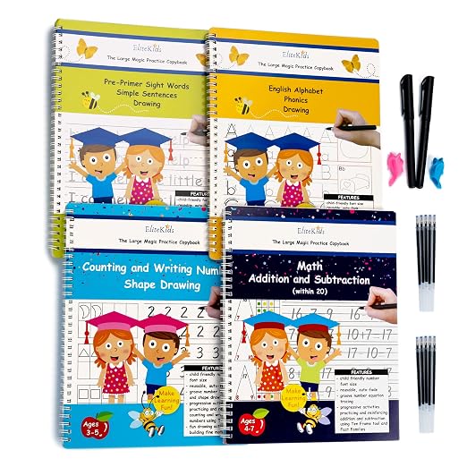 Reusable Handwriting Practice Workbook Set for Kids – Grooved Tracing Books for Letters, Numbers & Sight Words, Large Format 8.5 x 11 Inch Learning Activity Books