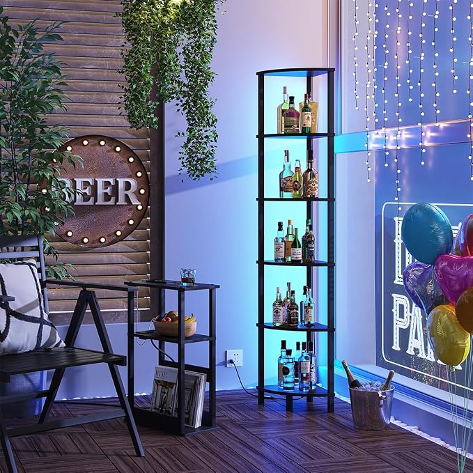 VIMBER 6-Tier Corner Shelf with LED Light, Industrial Corner Ladder Shelf, Rustic Display Shelf for Living Room, Bedroom, Kitchen, Home Office, Sturdy Frame, Black UJSJ002B