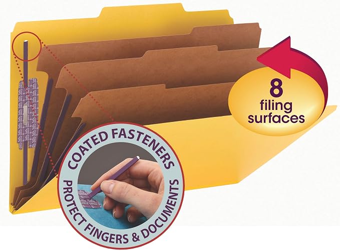 Smead Pressboard Classification File Folder with SafeSHIELD Fasteners, 3 Dividers, 3" Expansion, Legal Size, Yellow, 10 per Box (19098) (Pack of 1)