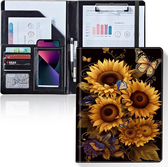 Padfolio/Portfolio Folder Clipboard,Padfolio Clipboard,Writing Portfolio Leather with Cover for Card Holder Slot Letter Size A4 for Office Conference Notepad Clip Boards,Sunflowers Butterflies