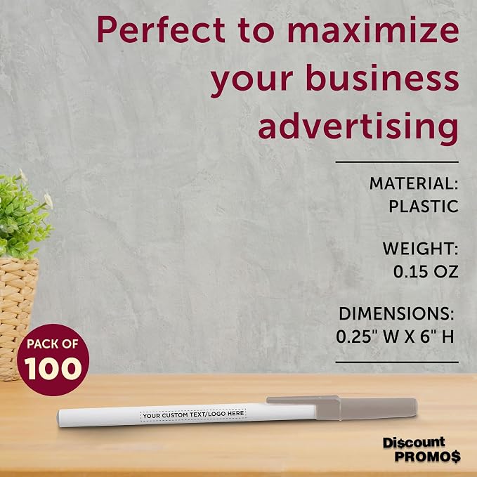 DISCOUNT PROMOS Custom Value Stick Pens Set of 100, Personalized Bulk Pack - Black Ink, Great for Office, School, Business, Tradeshows, Events - Grey