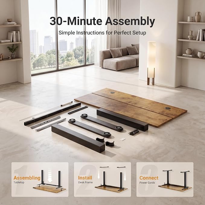 Claiks Electric Height Adjustable Standing Desk, 55x24 Inch, Rustic Brown | Smooth Height Adjustment, 3 Memory Presets, Cable management hub & hook, Stable Steel Frame, 156 lbs Capacity, Easy Assembly
