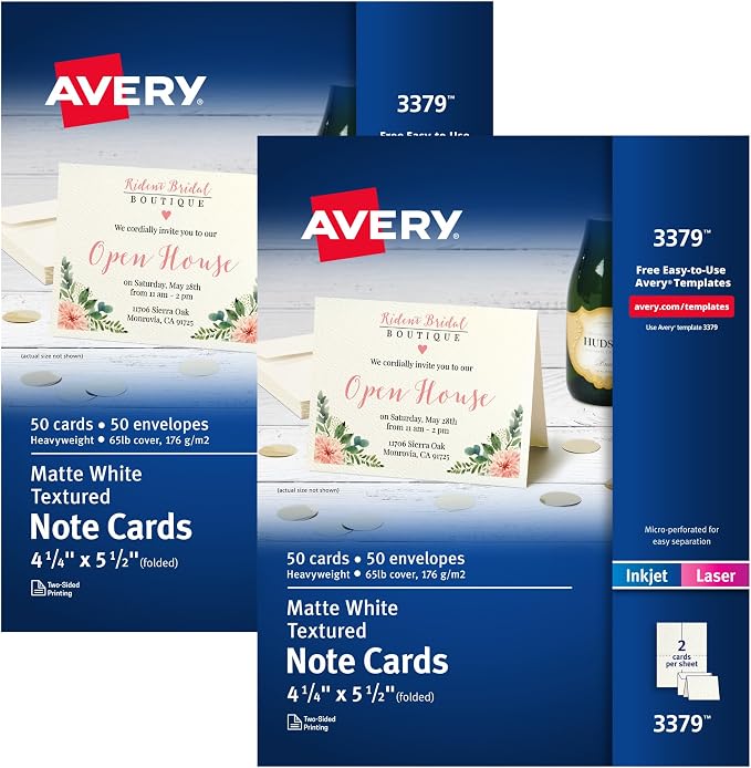 Avery® Printable Note Cards, Envelopes Included, 4.25" x 5.5", Textured White, Inkjet Printer Compatible, 50 Blank Cards per Pack, Great for Product Branding, Marketing, and More (2 Packs of 5813)